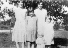 Audrey Mae, Frances Isabel, Daisy Louise, Josie Ruth, and Mary Jane Deck (with doll)