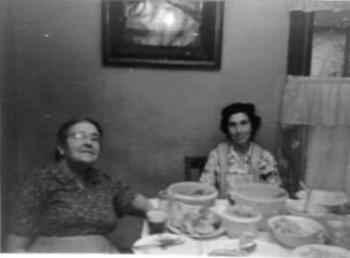 Lillian (Meeker) Deck and Frances Isabel (Deck) McFarland after a family dinner in the early 1960's