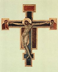 Cimabue, Crucifixion, tempera on wood, 1287-1288, Museo dell' Opera di Santa Croce, Florence, Italy.