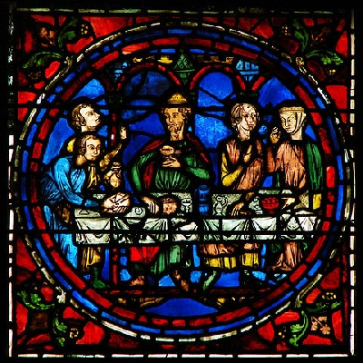 Detail of the stained glass window called Notre-Dame de la Belle Verrière, a section from the 13th Century, in Notre-Dame de Chartres Cathedral, Chartres, France. This part is the central image of a section depicting the Marriage at Cana.