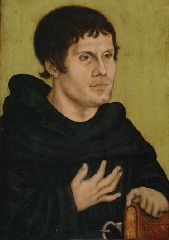 Workshop of Lucas Cranach the Elder, Portrait of Martin Luther as an Augustinian Monk, Oil on vellum, mounted on wood, post 1546, Germanisches Nationalmuseum, Nuremberg, Germany.