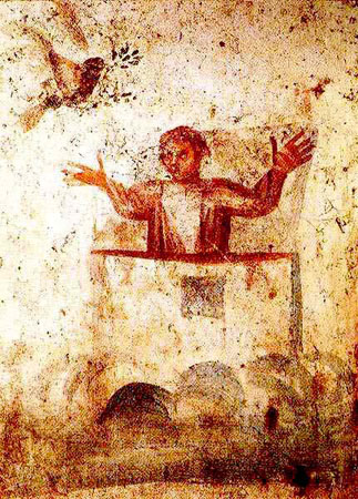 Noah giving the gesture of orant as the dove returns, ca. 2nd-4th Century, Catacomb of Saints Marcellinus and Peter, Rome, Italy.