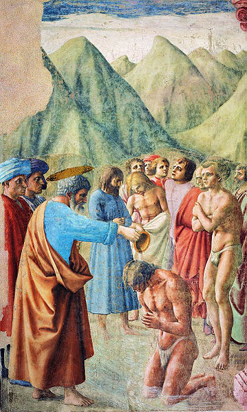 Masaccio, Baptism of Neophytes, from 1424 until 1428, Brancacci Chapel, Florence, Italy.